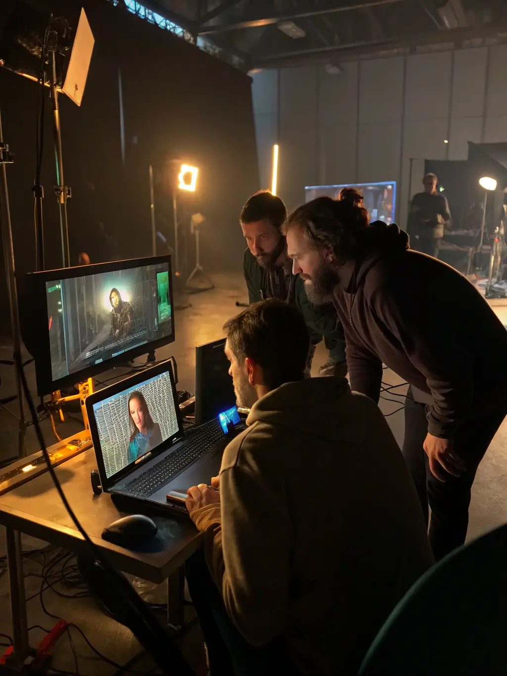 A group of young adults collaboratively working on a stop-motion animation project in a brightly lit studio, showcasing the hands-on learning environment of the audiovisual art workshops.