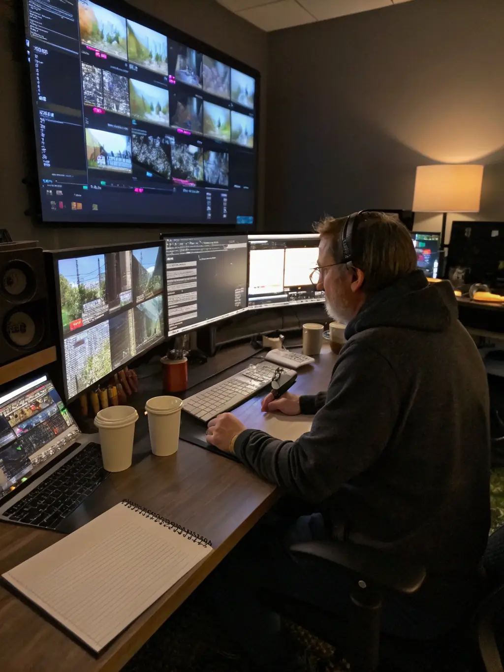 A diverse group of participants actively engaged in a film editing workshop, using both digital and analog equipment, showcasing collaboration and hands-on learning.