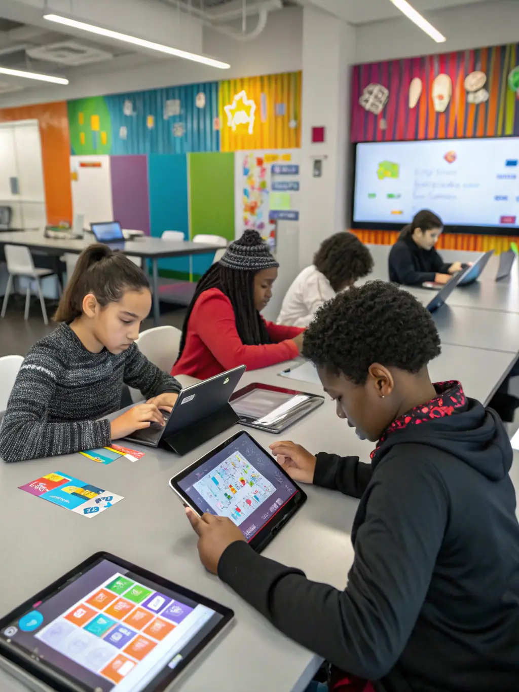 A group of young artists creating digital animations using tablets and software, highlighting the accessibility and creative potential of digital animation tools.